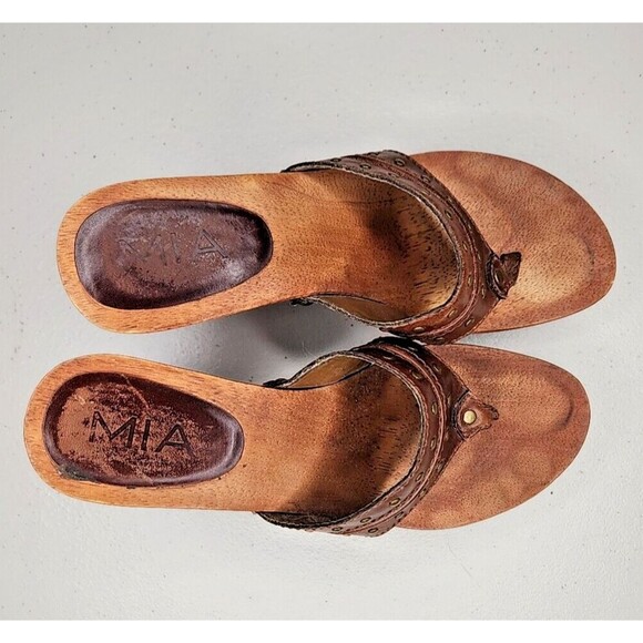 Vintage 90s y2k Bratz MIA Brown Leather Wood Sole Slides Heeled Sandals 7 EUC - Picture 5 of 8
